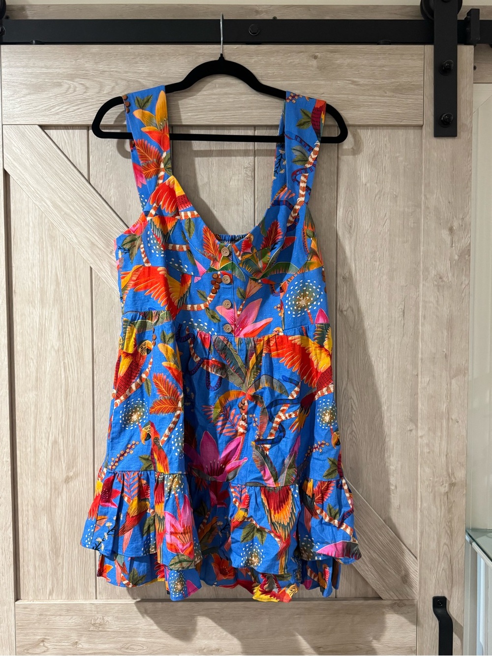 FARM Rio Blue Tropical Floral Ruffle Mini Dress with Red & Pink Accents